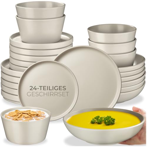 tectake® 24-tlg. Geschirrset, Tafelservice 6 Personen, Steingut Geschirr Set, Teller Set mit Schalen, Speiseteller, Frühstücksteller, tiefe Teller und Schüsseln - taupe
