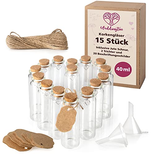 WeddingTree 15x Mini Glasflaschen mit Korken 40ml - Kleine Glasflaschen zum Befüllen - Reagenzglas mit Korken Glas für Hochzeit - Gewürzgläser klein - Mini Gläser mit Korken als Gastgeschenke Hochzeit