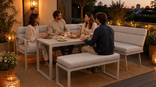 Koll Living Outdoor Lounge-Set Celia | Modernes Gartenmöbel Set in Beige | Wetterfest & UV-beständig | robuste Stahlkonstruktion | Gartenlounge mit Eckbank, Sitzbank & Tisch