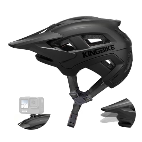 KINGBIKE Professioneller Mountainbike Helm E-MTB NTA-8776 E-Bike Sicherheitshelm mit 3-stufig verstellbarem Visier & Kamera-Halterung MTB-Fahrradhelm für Erwachsene (Mattschwarz, M)