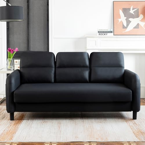 Sofa 3 Sitzer, 173cm Modernes 3 Sitzer Big Sofa Couch mit Armlehnen,Seitentasche,3 Kissen und 4 Holzbeinen, Lounge Ledersofa Tief für Wohnzimmer,Schlafzimmer,Büro,Wohnung 173x82x86cm (Schwarz)