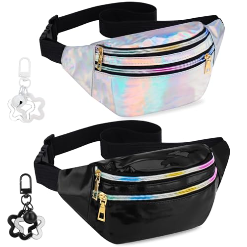 Halinuia 2 Stücke Gürteltasche Damen Glitzer Mädchen Bauchtasche Wasserdicht Sporttasche Mode Hüfttasche mit Stern Schlüsselanhänger für Reiten Radfahren Laufen Camping Sport(Schwarz+Silber)