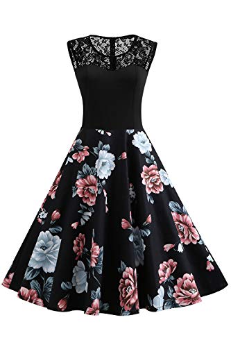 Axoe Damen 50er Jahre Rockabilly Kleid mit Blumenmuster Ärmellos, Farbe06, S (36/38 EU)