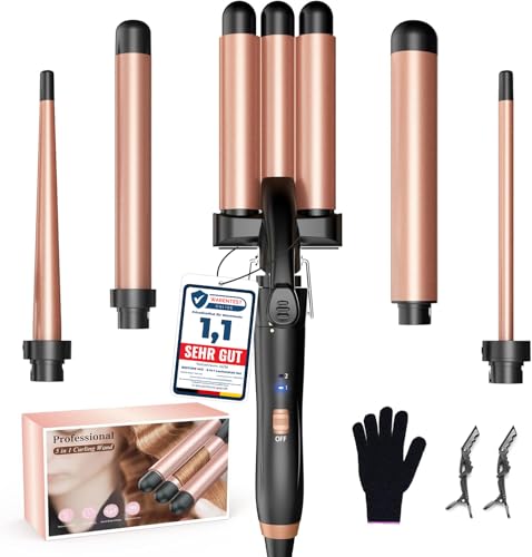 BESTOPE MIX Welleneisen Set 5 in 1, Lockenstab mit Verschiedenen Aufsätzen Einstellbare Temperatur Keramik Lockenstab Große Locken Schnellaufheizung lockenstäbe 3 Fässer für Lange/kurze Haare