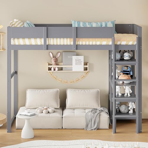 Ball & Cast Loft Bed (90x200cm) mit Lagerregal, Holzerner Bettgestell mit Leiter und Geländer, Einfach und Zeitsparend Montierbar, Stabil & Rauschlos, Grau
