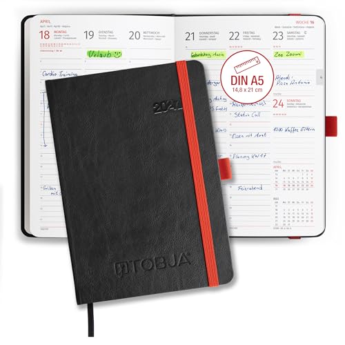 TOBJA® Buchkalender 2027 A5 Hardcover Nero Rot - 1 Woche 2 Seiten Halbstunden-Taktung 6-21 Uhr | Terminplaner mit Gummiband, Stiftschlaufe & Lesezeichen | FSC | Wochenplaner Kalenderbuch