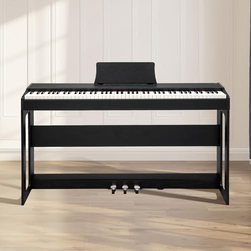 Bonnlo Digitalpiano mit 88 gewichteten Tasten, E-Piano Keyboard mit 3-Pedal-Einheit für Anfänger, Klavier mit MIDI-USB, Doppel-Bluetooth, Stereolautsprechern, 128 Töne und Rhythmen, Schwarz