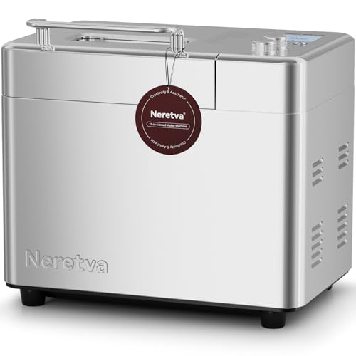Neretva Brotbackautomat, 17 Programme&1KG Kapazität Brotbackautomaten mit Auto Nuss&Fruchtspender, Antihaftbeschichteter Keramikform, 15H Timer&1H Warmhalte, geräuscharm, Edelstahl, inklusive Rezepte
