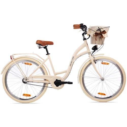 Goetze Style 26 Zoll Citybike, 17 Zoll Tiefeinsteiger Rahmen, 3-Gang Nabenschaltung, Rücktrittbremse, V-Bremse vorne, LED-Beleuchtung, Rattankorb, Komfortsattel, mit Seitenständer & Klingel