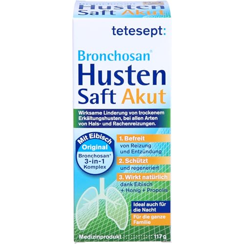 tetesept Bronchosan Husten Akut Saft – 1 x 117g – Erkältungsmittel bei trockenem Erkältungshusten – Wohltuend und beruhigend