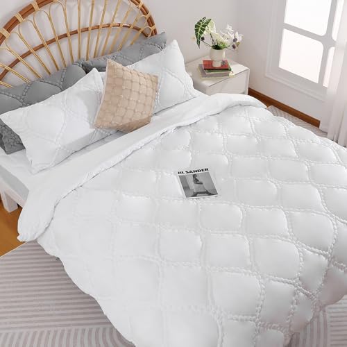 Elegear Bettwäsche 135x200, 2-in-1 Bettdecke und Bettbezug in einem, Bettbezüge 135x200 cm mit Kissenbezug 80x80 cm, Handgemacht Stickerei Flauschige Superweiche Baumwolle Bettwäsche-Sets Weiß