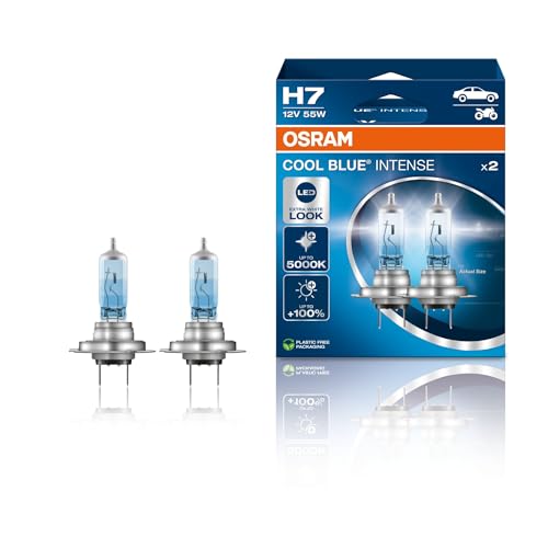 Osram Cool Blue Intense H7, Auto/LKW, +100% More Brightness, up to 5,000K, Halogen Headlight Lamp, LED Look, Hanging Folding Box (2 Lamps)