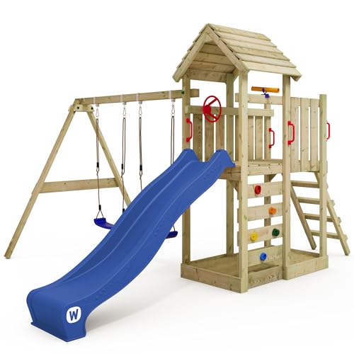 WICKEY Spielturm Klettergerüst MultiFlyer mit Holzdach, Schaukel & Blauer Rutsche, Outdoor Kinder Kletterturm mit Sandkasten, Leiter & Spiel-Zubehör für den Garten