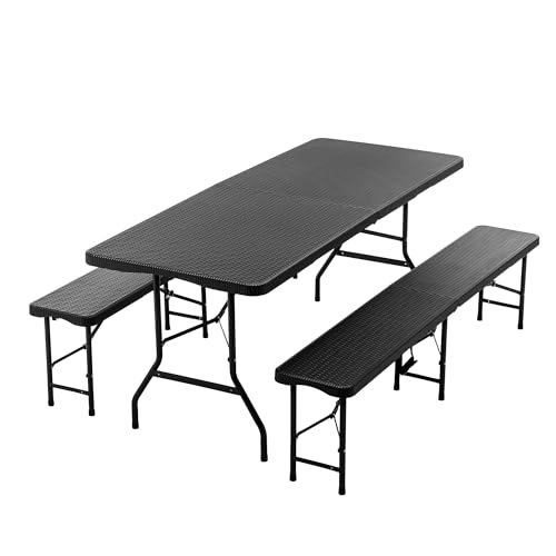 Thanaddo Buffettisch Gartentisch Bierzeltgarnitur Tisch, klappbar 3-teilig Set, 180x74 cm Kunststoff Campingtisch, Rattan-Look für bis zu 8 Personen, robuste wetterfest Biertisch Set, Anthrazit