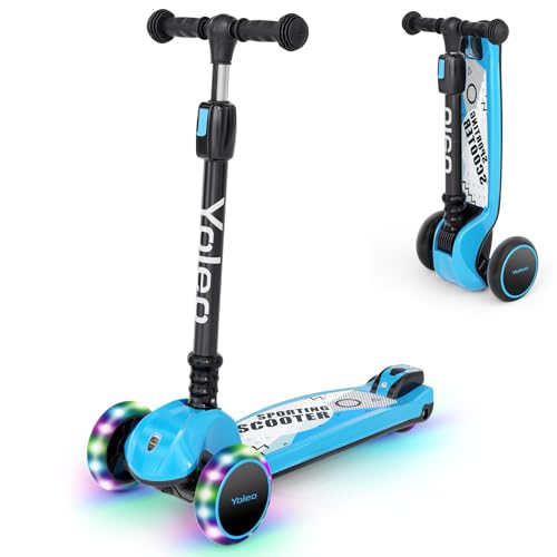 YOLEO Kinder Roller Kinderscooter Dreiradscooter mit PU Räder, Reaktionsschnelle Bremsen, 4 Höhenverstellbare, Faltbarem Lenker, bis 50kg Belastbar, für Kinder Mädchen Jungen ab 3 Jahre(Blau)