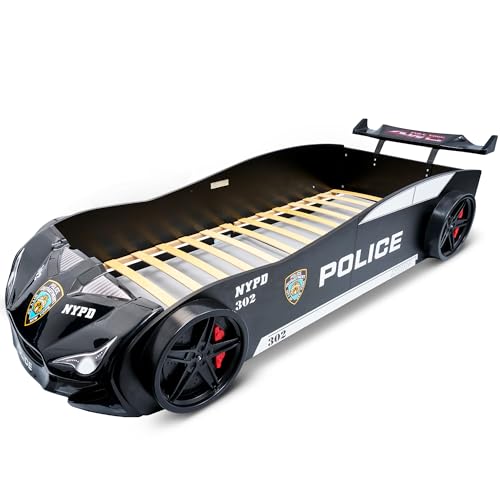 MARQA Kinderbett |Autobett | Jugendbett 90x200 | Rennwagenbett |Polizeiautobett inkl.Rollrost (ohne Matratze, Schwarz babybett)