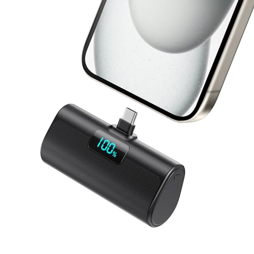 Mini Powerbank 5200mAh, Klein Power Bank USB C PD Externer Akku, Compact LCD Digitalanzeige Akkupack Kompatibel mit iPhone 17/16/15, Samsung S23/24 Serie, Note20/10 Serie, Huawei, iPad Pro/Air-Schwarz