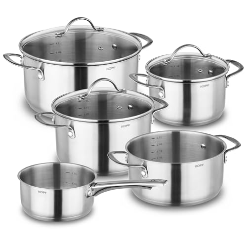 KOPF Topfset Induktion Clara 8-teilig | Backofen & Spülmaschinen geeignet | Kochtopf-Set für alle Herdarten | 4 Töpfe, 1 Stielkasserolle, 3 Glasdeckel | Literskala | Edelstahl