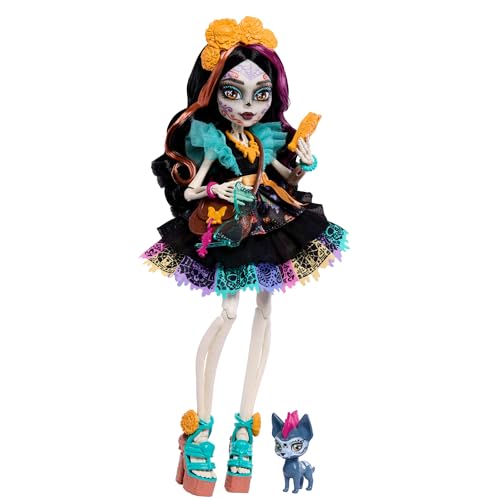 Monster High-Puppe Skelita Calaveras in farbenfrohem Papel-Picado-Kleid mit Hündchen Candelita und 7 Zubehörteilen wie Zeichenblock, Snack und Umhängetasche, JHK34