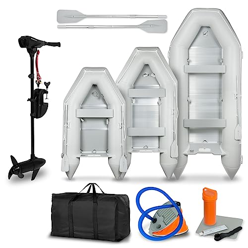 EBERTH Schlauchboot mit Motor, 3-8 Personen, 50-86 LBS Schubkraft, Führerscheinfrei, Angelboot mit Elektro Außenborder, Sitzbänke, Festrumpf, Außenbordmotor, 2xPaddel, Pumpe, Reparaturkit, Tasche