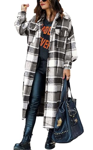 Jhsnjnr Mantel Damen Herbst Oversize Revers Lange Ärmel Flanellhemd Karo Jacke Langer Warme Kariertes Hemdjacke