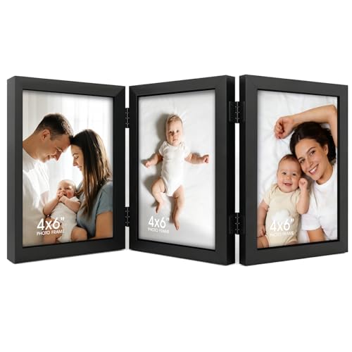 Adoture 3 Bilderrahmen, 10x15 cm Collage Bilderrahmen, Faltbare Holz Fotorahmen für 3 Fotos, Wand und Tischaufstellung, Ideal für Familie, Hochzeit und Erinnerungsfotos