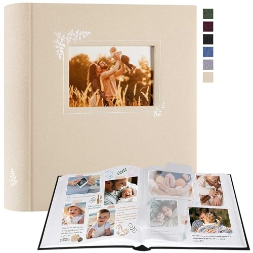 Lanpn Fotoalbum zum Selbstgestalten und Einkleben, Großes Leinen Fotobuch Fensterdesign 100 weißen Seiten mit Pergamin Trennblätter Fasst 9x13cm 10x15cm 13x18cm Fotos (30x33,5cm, Beige)