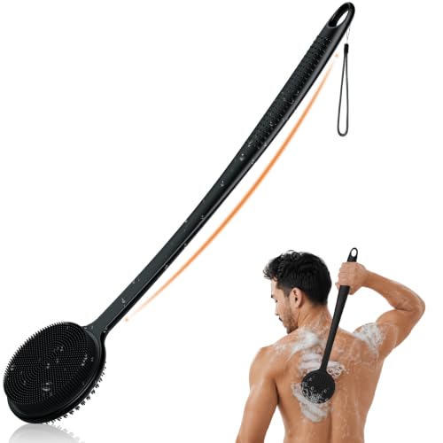 Silikon Rückenschrubber für Die Dusche, Silikon Körperschrubber mit Langem Griff, Rückenschrubber, Abgestorbene Haut entfernen und Massage Können Mehr Schaum Erzeugen (Schwarz)