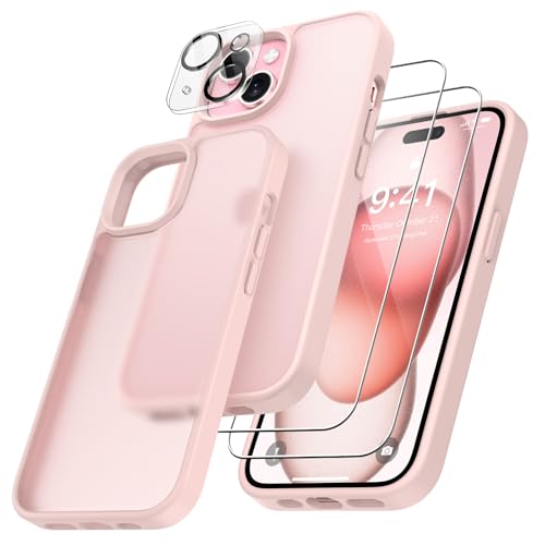 FLLAO 4 in 1 Handyhülle für iPhone 15 Hülle mit 2 Schutzfolie und 1 KameraSchutz, [Integriertes Luftkissen] Stoßfest Kratzfest Weich TPU Schutzhülle für iPhone 15, Rosa