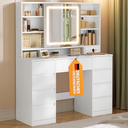 VASAGLE Kailyn Kollektion - Schminktisch mit Spiegel und LED-Leuchten, Steckdosenleiste, 9 Schubladen, 10x Vergrößerungsspiegel, 3 Lichtfarben, werkzeuglose Gleitschienen, wolkenweiß RDT137W01