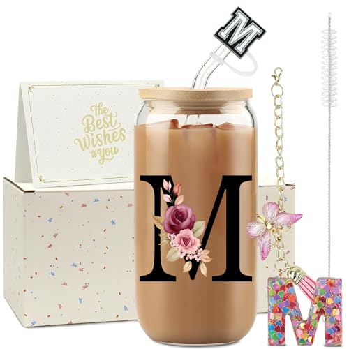 ZIOSINM A-Z Buchstaben Glasbecher mit Deckel und Strohhalm, Personalisierte Geschenke für Frauen zum Geburtstag, Weihnachten, Valentinstag (M)