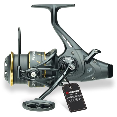 Robinson Angelrolle mit Freilauf - 6 Kugellagern - Verstärktem Getriebe und Rohr-Schnurfangbügel - CNC-Alu-Kurbel -10kg Bremskraft - Freerunner (5000)