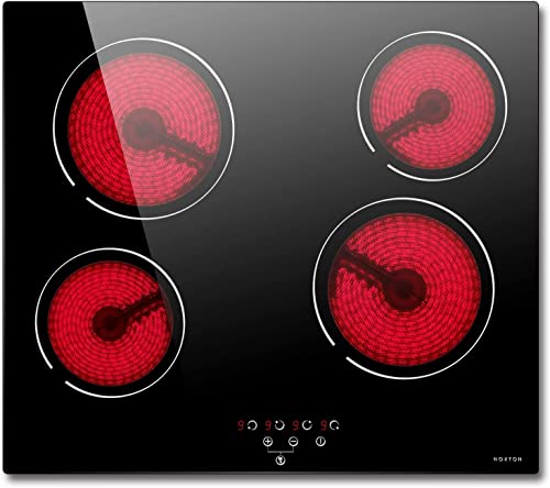 NOXTON Einbau Glaskeramikkochfeld 4 Platten, Einbau Kochfeld 60 cm mit Kindersicherung, 9 Heizstufen Touch-Steuerung, 220V-240V, 6000W, Kein Stecker