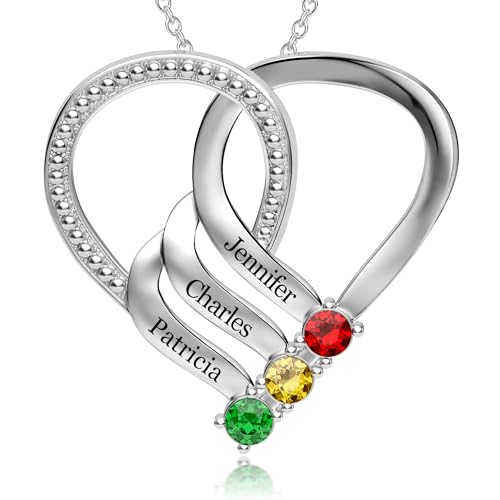 Easycosy Namenskette mit Gravur - personalisierte Kette Damen silber 925 mit 2 3 4 Namen Herz Anhänger Geburtssteinen Halskette - Valentinesgeschenke für Mama Frauen Freundin Oma zum Valentinestag