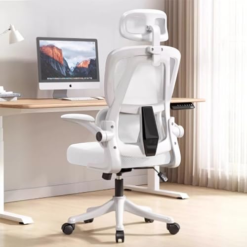 XUEGW Ergonomischer Bürostuhl - Weiß | Höhenverstellbarer Schreibtischstuhl mit Hochrücken,Mesh und Lendenstütze,Hochklappbaren Armlehnen | Für Homeoffice,Gaming,Studium