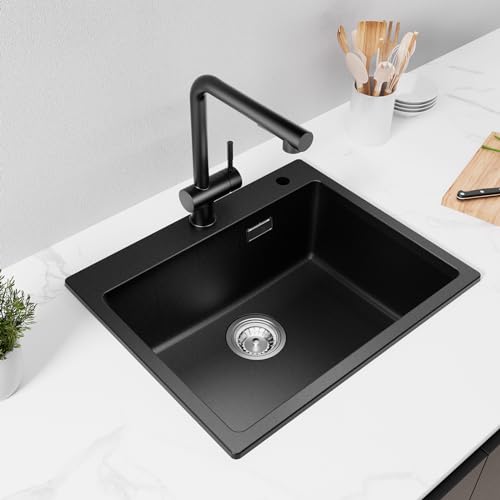 CECIPA Küchenspüle Schwarz 55x45cm, 80% Quarzsand Spülbecken aus Granit, 1 Becken Einbauspüle, Küchenspüle inkl Siphon & Über