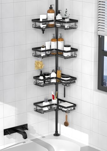 Kegii Teleskop Duschregal Teleskopregal Bad Duschablage Eckregal für Dusche und Badewanne Schwarz, 4 Stück - Teleskopregal Badezimmer Organizer