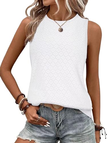 BAISHENGGT Damen Tank Tops Sommer Rundhals Ärmellos Ausgehöhlt Basic T Shirt Oberteile Weiß L