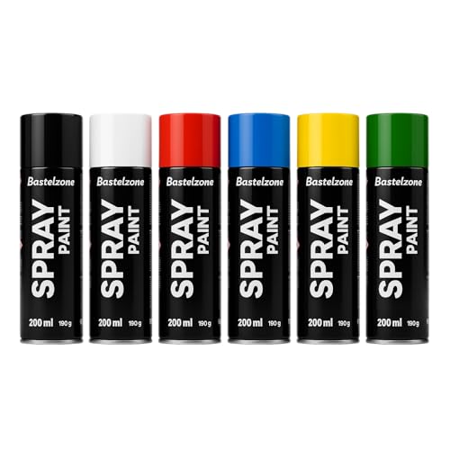 SÜDOR Sprayfarben-Set 6 Farben je 200 ml. Schnelltrocknende Graffiti-Farben. Sprühdose Spraydose. Grundfarben Schwarz Weiß Blau Grün Rot Gelb. Sprühfarben für Holz, Stein, Wand, Metall, Glas, Keramik