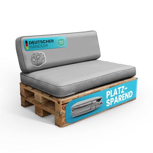 Bestlivings Palettenkissen Set 2-teilig (Hellgrau) Gartensofakissen platzsparend verstaubar innovativ - wasserabweisend - Bezug abnehmbar - Innenkissen aufblasbar, 120x80x15 cm + 120x40x15cm