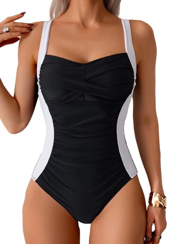 Sangdut Badeanzug Damen Einteilige, Bauchweg Badeanzüge mit Cups Sexy Push Up Bademode V-Ausschnitt Colour-Blocking Shape Schwimmanzug Swimsuit (L, Schwarz)