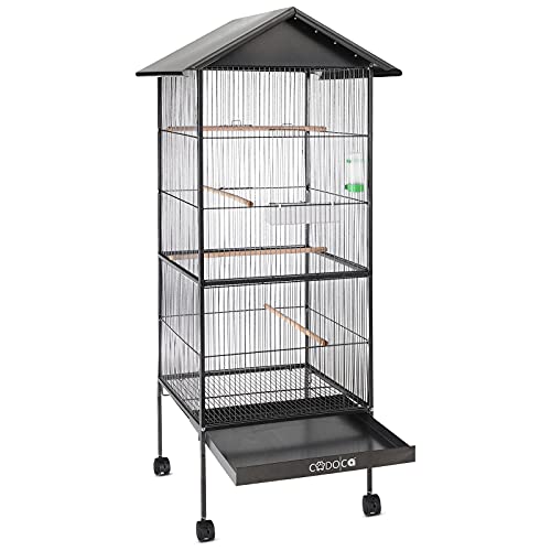 CADOCA® Vogelvoliere mit Dach 130x52x52cm Schmutzschublade Indoor Outdoor Vogelkäfig Vogelbauer Vogelhaus Voliere mit Zubehör rollbar Schwarz