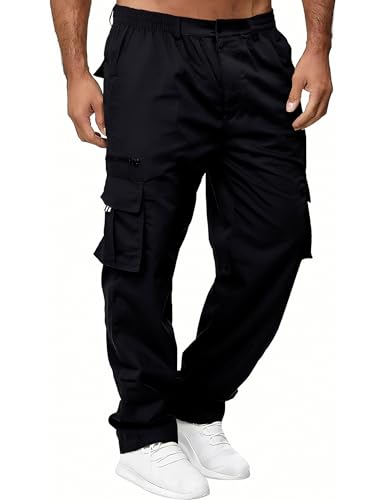 Volemo Cargohose Herren Baumwolle Abriebfeste 6-Taschen Cargo Hose Elastische Taille Lange Freizeithose Schwarz L
