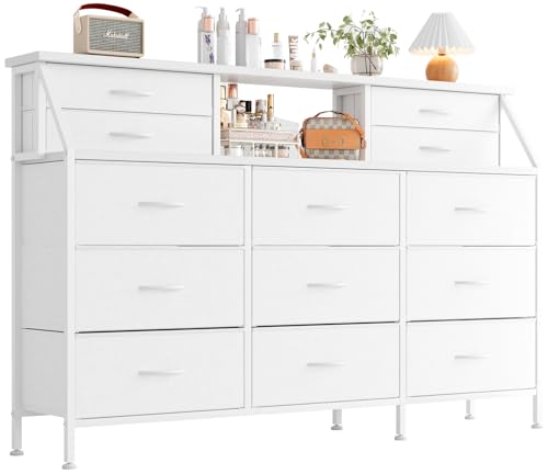 MUTUN Kommode für Schlafzimmer mit 13 Schubladen, 140 cm breite Kommode, Stoffkommode mit 2 Holzregalen, Aufbewahrungseinheit mit Stoffschubladen für Schlafzimmer, Wohnzimmer, Flur, Weiß