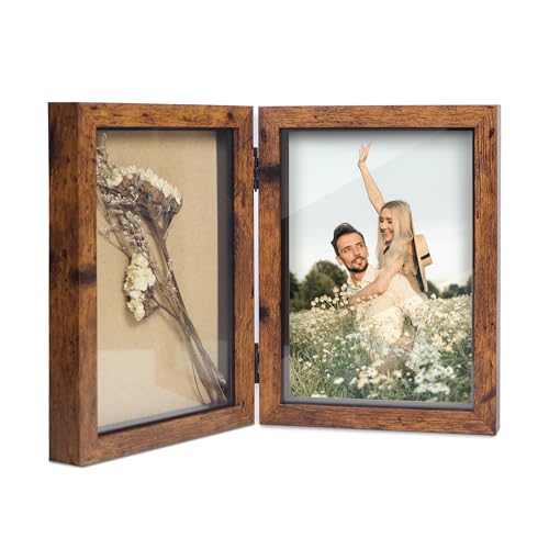 Shampsen 13x18 Bilderrahmen für 2 Fotos faltbar Braun Bilderrahmen Collage Doppel Bilderrahmen Shadow Box für Tischdisplay Rustikales Dekor Geschenk für Familie Freund Hochzeit
