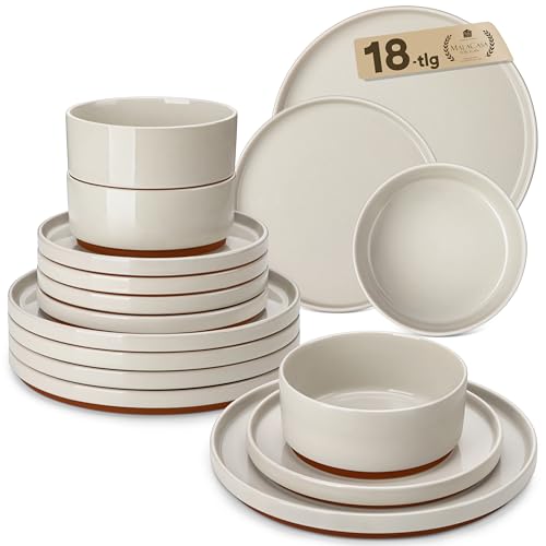MALACASA Steingut Geschirrset 6 Personen, 18-tlg. Tafelservice mit Sesam Glasur, Keramik Essgeschirr Set mit Senkrechte Stellkante, Schüssel- und Teller Set, Hellgrau mit Braunen Unterseite