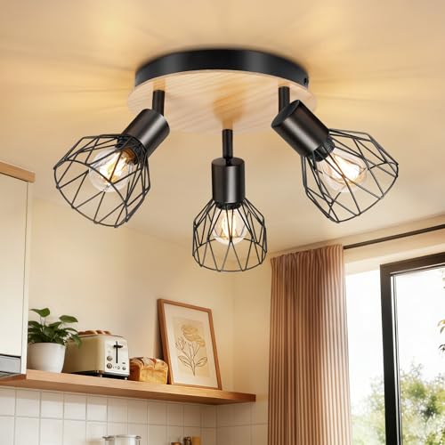 Dehobo Led Deckenstrahler Schwenkbar 350°, Deckenleuchte E14 3 Flammig Holz, Spotleuchte Wand, Deckenlampe Spots Led, LED Wandstrahler für Küche, Wohnzimmer, Schlafzimmer, Nein E14 Leuchtmittel