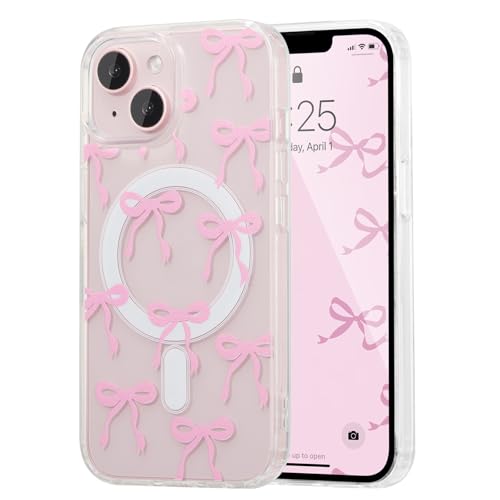 UEEBAI Magnetisch Hülle für iPhone 13/iPhone 14, Niedliche Silikon Tansparent Handyhülle mit Schleife Schutzhülle mit Kabelloses Laden, Weiche Bumper Cover Case für Frauen Mädchen, Rosa