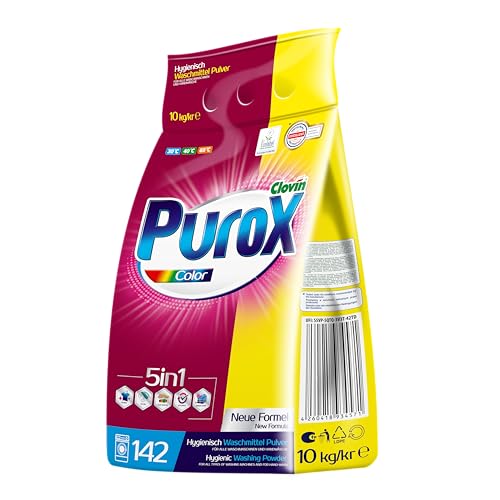 PUROX COLOR Waschpulver im Foliensack (142 Waschladungen) – Waschmittel für farbige Textilien, entfernt Flecken, umweltfreundlich, schutz vor Kalkablagerungen, 10 kg