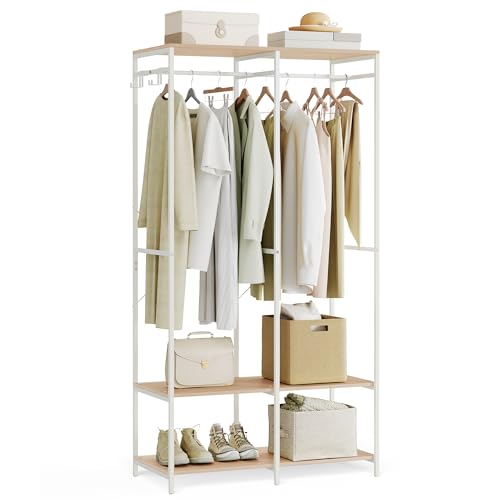 SONGMICS Kleiderschrank offen, Kleiderständer, Garderobenständer, Garderobe mit Kleiderstange, Ablagen, abnehmbare Haken, 40 x 94,5 x 180 cm, naturbeige RGR004W67